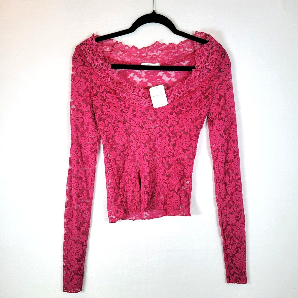Free People Women All Night Long Lace Sheer Top Size XS Pink OB2391242